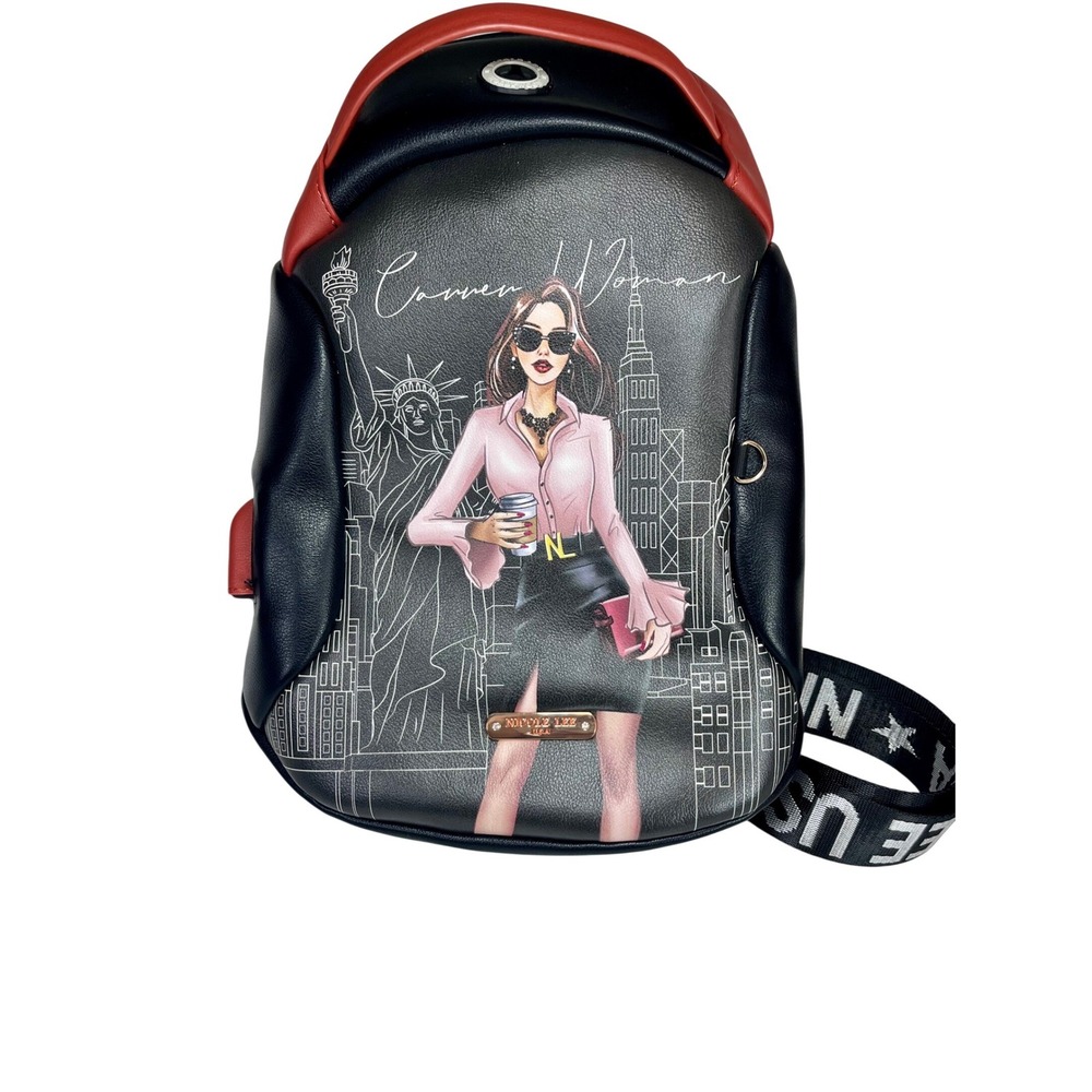 Nicole Lee Career Woman Sling Backpack Black Red Graphic USB Port
